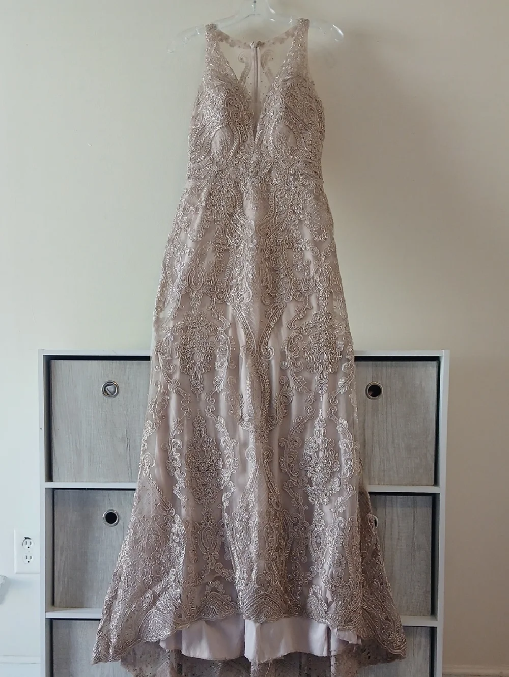 taupe beaded dress Mac Duggal Embellished Long Sleeve Plunge Neck Trumpet Gown